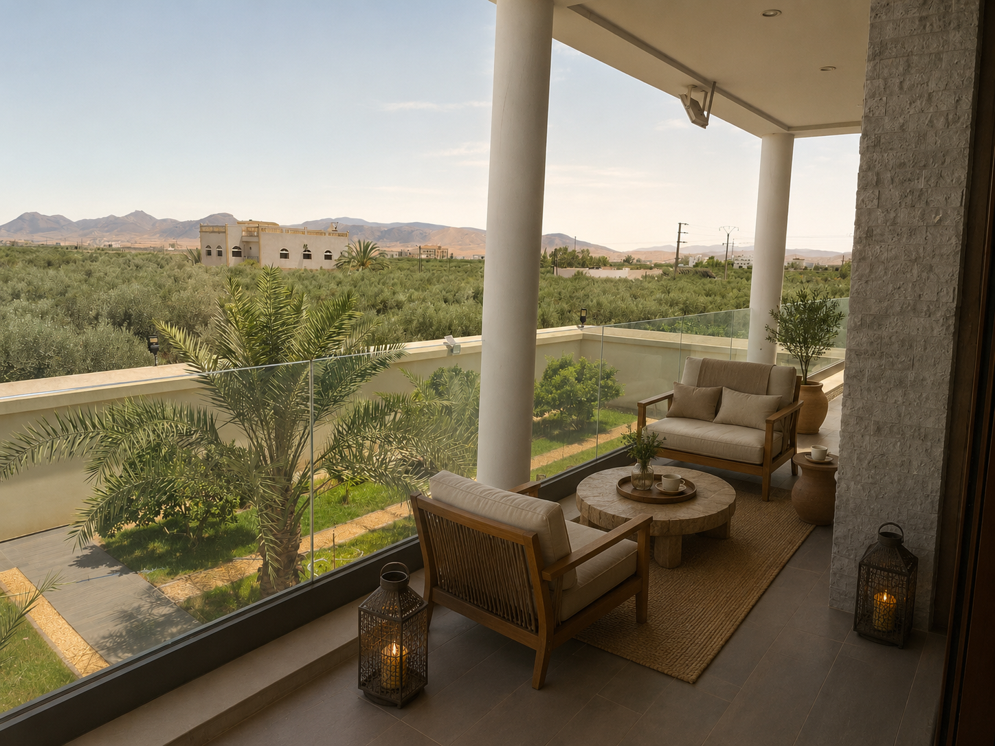 Terrasse de Villa Tazitunt avec vue sur les oliviers et les montagnes du Rif